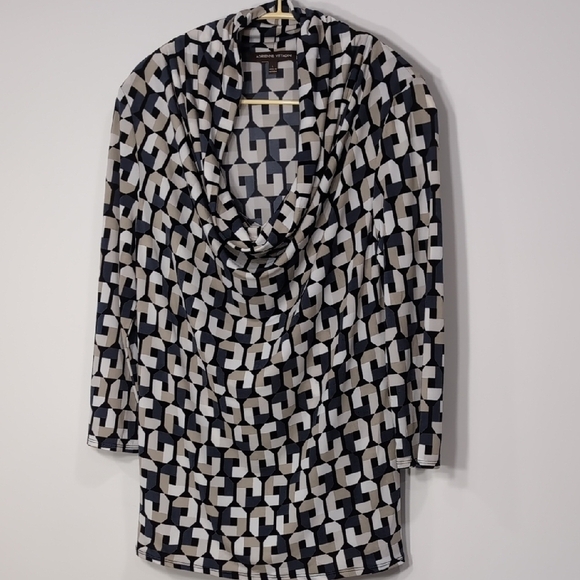 Adrienne Vittadini | Black Geometric 3/4 Sleeve Cowl Neck Top Size L - Picture 1 of 10
